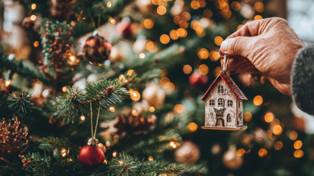 A close-up shot of a hand placing a small wooden house ornament on a decorated Christmas tree with bokeh lights.の素材