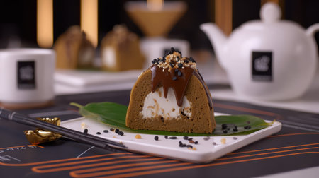 A beautifully presented chocolate mousse cake with a creamy white filling, topped with chocolate shavings and nuts, served on a white plate with a banana leaf.の素材