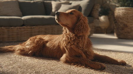 A beautiful Golden Retriever dog lies comfortably on a soft carpet in a warm, inviting living room setting.の素材
