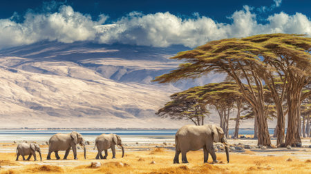 A family of elephants traverses the dry, golden savanna landscape, with iconic acacia trees providing shade and a backdrop of distant mountains.の素材