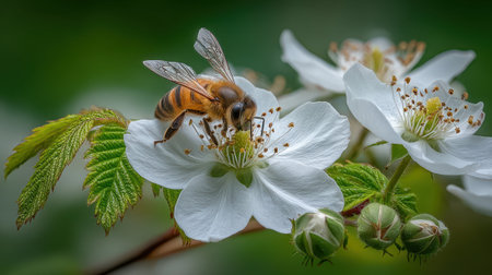 A close-up shot of a honey bee on a white wildflower, gathering nectar. The background is softly blurred green, highlighting the bee and flower.の素材