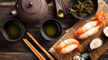 A top-down view of a traditional Japanese meal featuring shrimp sushi, seaweed salad, and green tea served in ceramic cups and a teapot.の素材