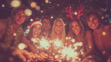 A diverse group of young adults are joyfully celebrating outdoors at night, holding sparklers and wearing festive accessories.の素材