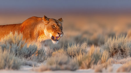 A lioness with her mouth open walks through dry, golden grass during a warm sunset.の素材