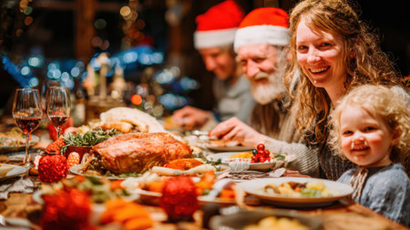A joyful family gathers around a table laden with a festive Christmas dinner, complete with a roasted turkey and holiday decorations.の素材
