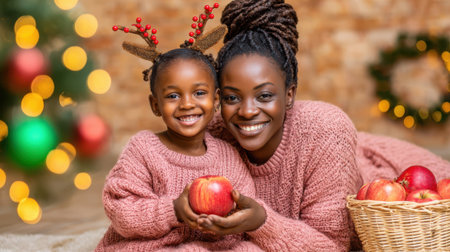A joyful mother and daughter in matching sweaters, celebrating Christmas with festive decorations and a basket of apples.の素材