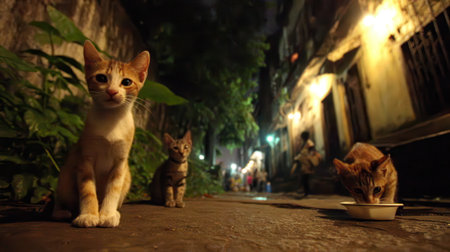 A group of stray kittens and puppies cautiously navigate a narrow, dimly lit alleyway at night, illuminated by faint streetlights.の素材