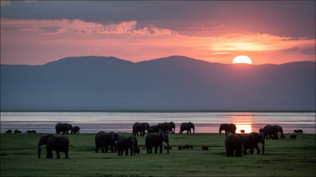 A majestic herd of elephants grazes peacefully on a grassy plain as the sun sets, casting a warm glow over the landscape and reflecting on the calm water.の素材