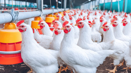 A large group of white chickens are housed in a modern poultry farm barn, with visible feeders.の素材
