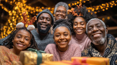 A joyful multi-generational African American family smiles warmly together, surrounded by festive Christmas lights and gifts, embodying the spirit of the holiday season.の素材