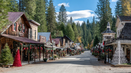 A picturesque street in an old Western town, featuring rustic wooden buildings and surrounded by lush pine forests under a bright sky.の素材