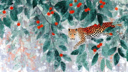 A majestic leopard camouflaged within dense foliage, its spotted coat blending seamlessly with the vibrant green leaves and small red berries.の素材