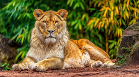 A powerful lion reclines serenely amidst vibrant foliage, bathed in warm, golden light, showcasing its regal presence.の素材