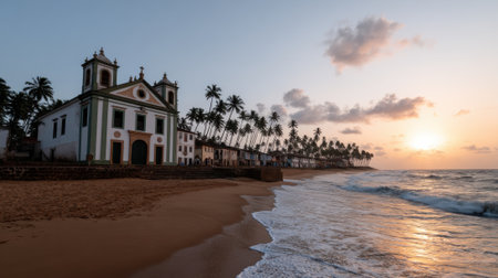 A beautiful historic church stands on a sandy beach with palm trees lining the coast as the sun sets over the ocean.の素材