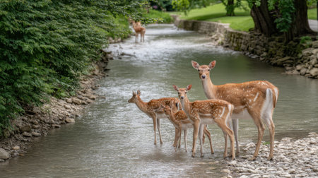 A serene scene of a deer family standing in a clear river surrounded by dense green trees and rocky shores.の素材