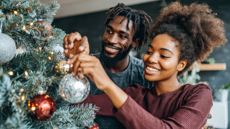A smiling Black couple is decorating a Christmas tree, adding ornaments and enjoying the festive holiday season together.の素材