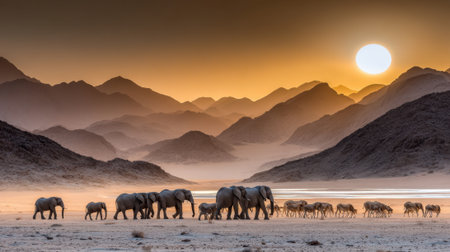 A majestic inheritance of elephants traverses a dusty, misty desert plain as the sun sets behind layered mountains, casting a warm, golden glow.の素材