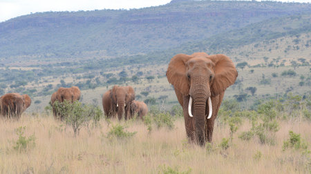 A majestic heritage of African elephants, including a calf, traverses a dry, grassy savannah under a vast sky.の素材
