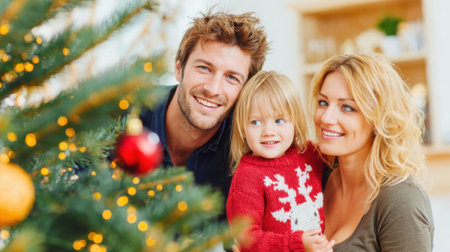 A smiling family with a young child in front of a festive Christmas tree, celebrating the holiday season together.の素材