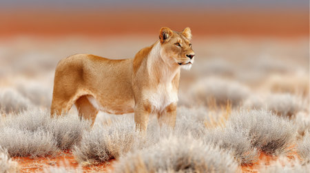 A powerful lioness surveys her domain in the vast African savannah, surrounded by dry grasses and a warm, hazy horizon.の素材