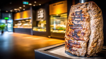 A large, well-roasted meat carcass is prominently displayed in a butcher shop, showcasing its texture and char marks.の素材