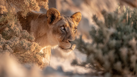 A young lion cub cautiously emerges from dense foliage, its gauze fixed intently on something unseen, bathed in the warm glow of sunset.の素材