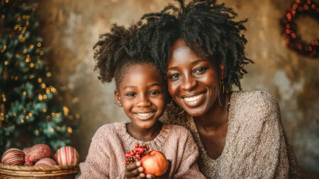 A joyful mother and her child smile warmly, holding a Christmas gift, with a decorated tree and festive ornaments in the background.の素材