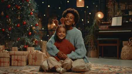 A joyful mother and daughter share a warm embrace in a festive Christmas setting, surrounded by gifts and a decorated tree.の素材