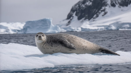 A solitary leopard seal reclines on a small ice floe, its spotted coat blending with the icy surroundings. The vast, cold ocean and distant snow-capped mountains create a dramatic backdrop.の素材