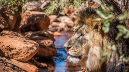 A close-up of a lions face as it remains by a shallow stream, surrounded by rocks and greenery.の素材