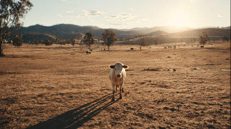 A single cow stands in a vast, dry field with golden grasses under a warm sunset sky. Rolling hills and scattered trees form the background.の素材