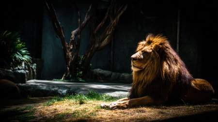A powerful male lion with a full mane lies down, illuminated by a spotlight, in a dimly lit enclosure.の素材