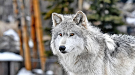 Close-up of a gray wolves face with piercing eyes, set against a blurred winter forest background.の素材