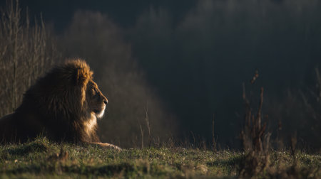 A powerful male lion with a full mane rests on a grassy knoll, bathed in the warm glow of the setting sun.の素材