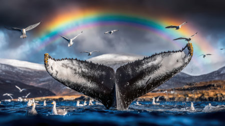 A stunning view of a humpback whales tail fin rising from the ocean, with a brilliant rainbow arching across a dramatic sky.の素材