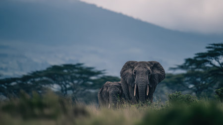 A herd of elephants, including a calf, walks through a grassy field with acacia trees and mountains in the background during twilight.の素材