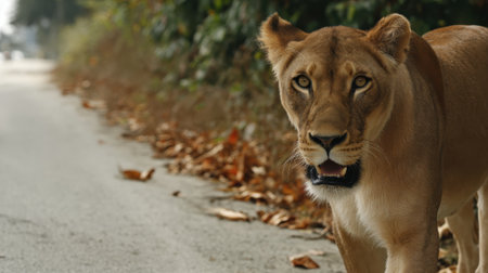 A close-up of a lioness looking directly at the camera, standing on the side of a road with fallen leaves.の素材