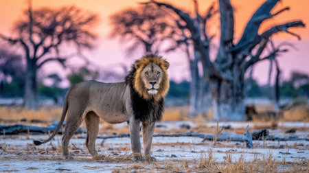 A powerful male lion with a full mane surveys its territory in the African savanna during a vibrant sunset.の素材