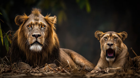 A powerful male lion with a full mane and a yawning lioness lie close together in a dark, natural forest setting.の素材