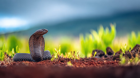 A striking cobra snake with its hood flared, poised in a grassy field with a blurred natural background.の素材