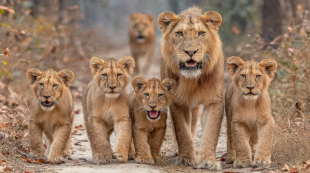 A proud male lion leads his pride of cubs through a natural habitat, showcasing family bonds and wild beauty.の素材