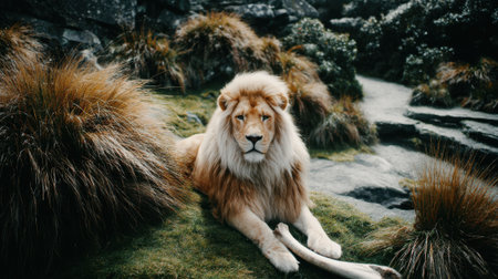 A powerful male lion with a magnificent mane rests calmly in its natural environment, showcasing its regal presence amidst lush vegetation and rugged terrain.の素材