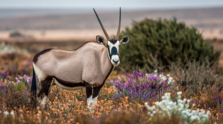 A majestic Gemsbok Oryx stands in a field of colorful wildflowers, its distinctive markings and long horns clearly visible against the natural landscape.の素材