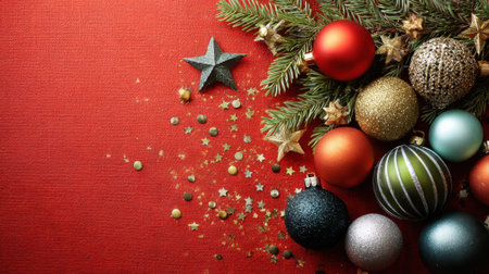 A vibrant arrangement of colorful Christmas ornaments and evergreen pine branches scattered with gold confetti on a bright red surface.の素材