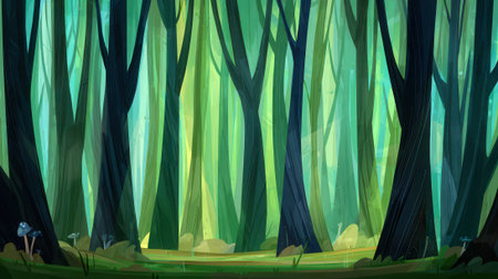 A mystical forest scene with tall, dark trees and a soft, ethereal glow filtering through the canopy.の素材