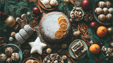 A beautifully arranged Christmas dessert table featuring a cake, cookies, oranges, and pine branches, evoking a warm holiday spirit.の素材