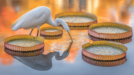 A majestic Great Egret gracefully hunts for food among the large, circular leaves of Victoria amazonica water lilies, reflected in the calm water during a vibrant sunset.の素材