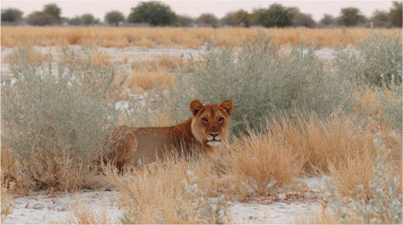 A lioness is partially hidden in dry, tall grass, looking directly at the camera in a natural savanna environment.の素材