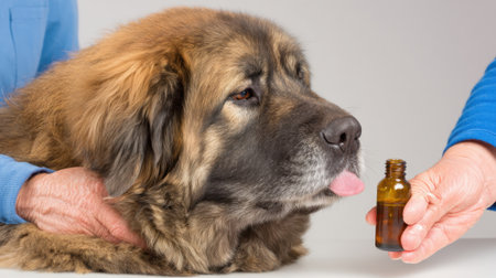 A close-up of a large Leonberger dog with its tongue out, being given liquid medicine from a small brown dropper bottle.の素材