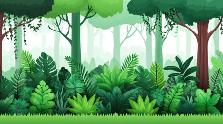 A vibrant and dense jungle forest scene filled with various green plants and towering trees, creating a rich natural environment.の素材